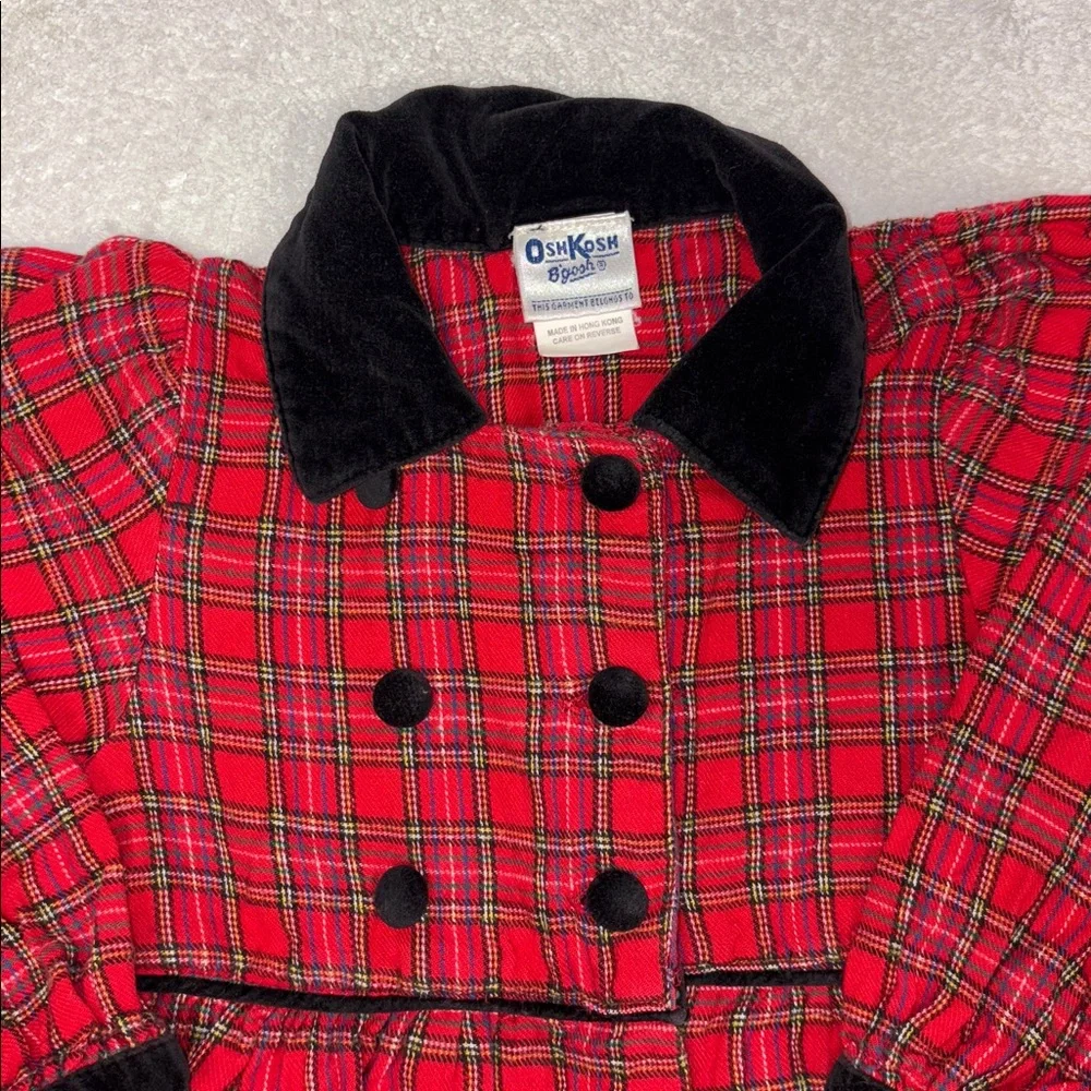 Vintage OshKosh B'gosh Red long sleeve Plaid black velvet trimmed dress girls 5
